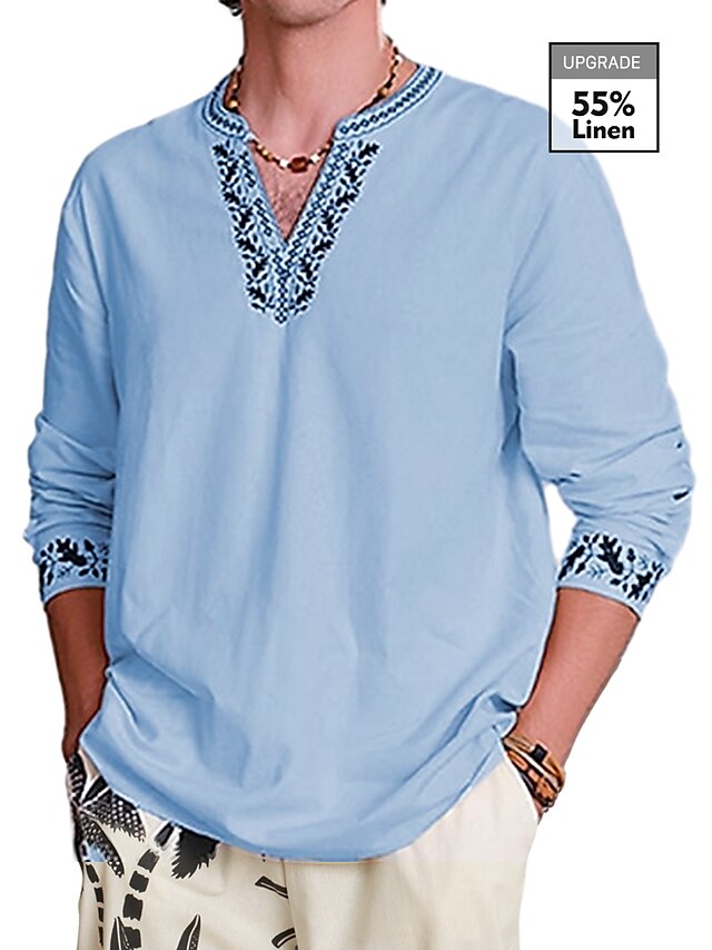  Men's 55% Linen Embroidered Graphic Shirt