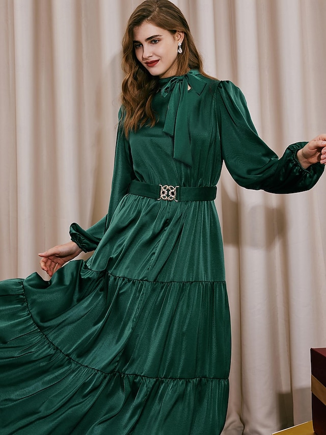  Vestido largo verde elegante con volantes, cinturón y cuello atado para invitados a fiestas o bodas, manga larga, para impresionar en 2024