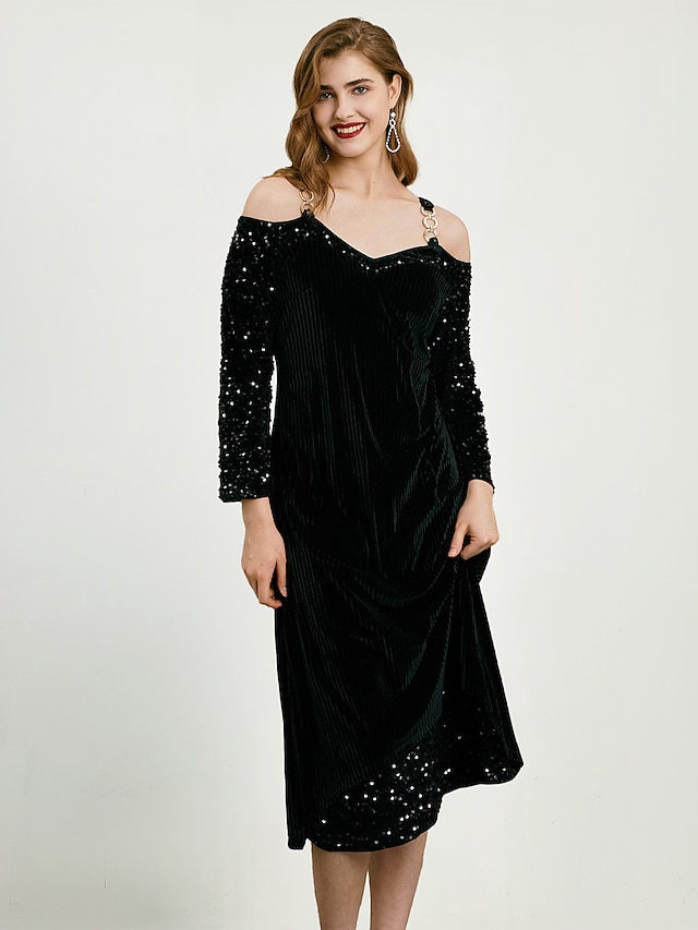  Women's  Sequin Velvet Cold Shoulder Midi Dress