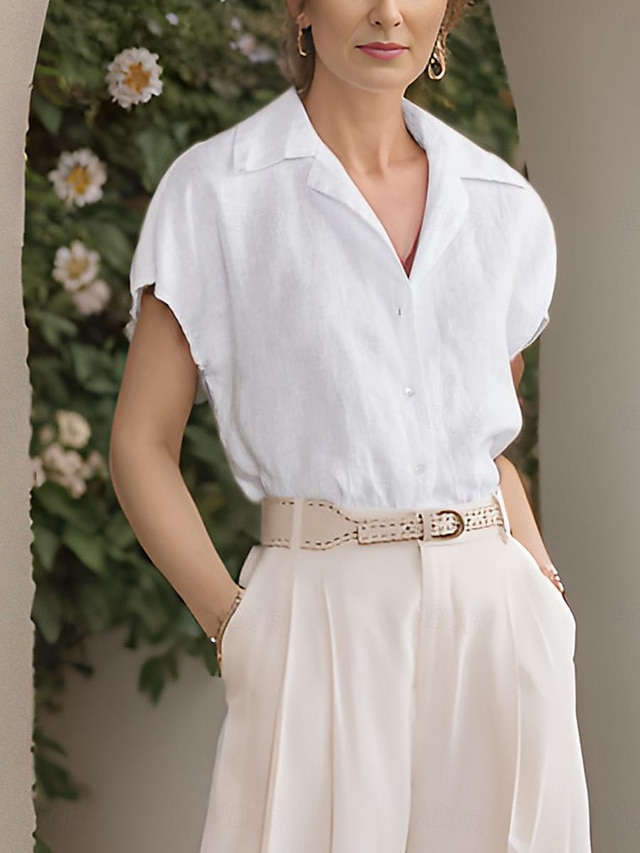  Hvid Elegante Kvinders Skjorte Bluse Linen 100% Moderne Knap Kort Ærme Normal Vent