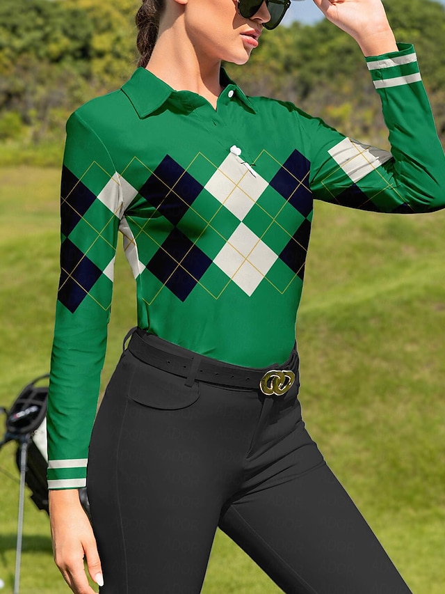  Dame Golf Polo Shirt Grøn Langærmet Solbeskyttelse Plaid Efterår Vinter Golftøj