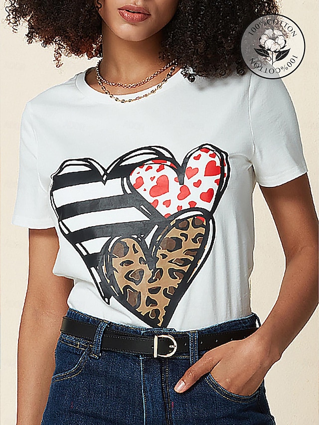  Camiseta Casual Diária de Algodão para Mulheres com Estampa de Leopardo Coração