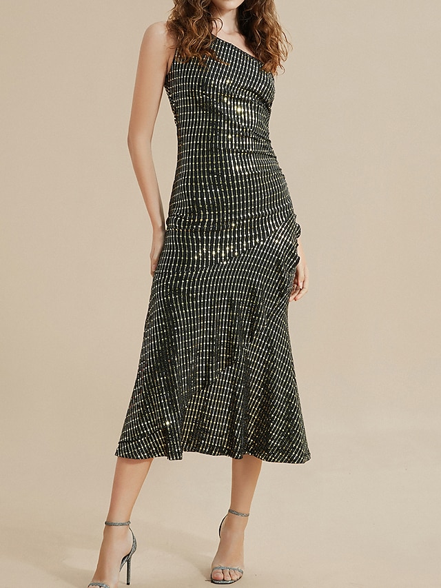  Elegant One Shoulder Sequin Midi Dress