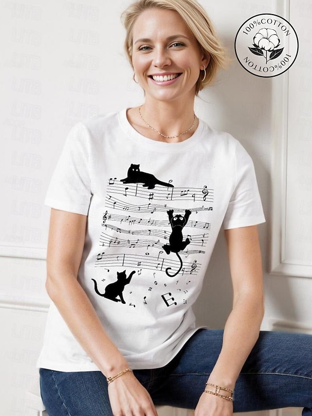 Camiseta de algodón estampada de gato de mujer+cuello redondo+manga corta+ajuste regular
