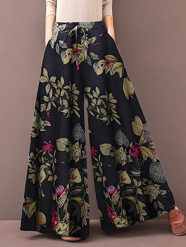  Women's Culottes Wide Leg Normal Flower / Floral Yellow Red Fashion Mid Waist Full Length Casual Weekend Summer Spring &  Fall
