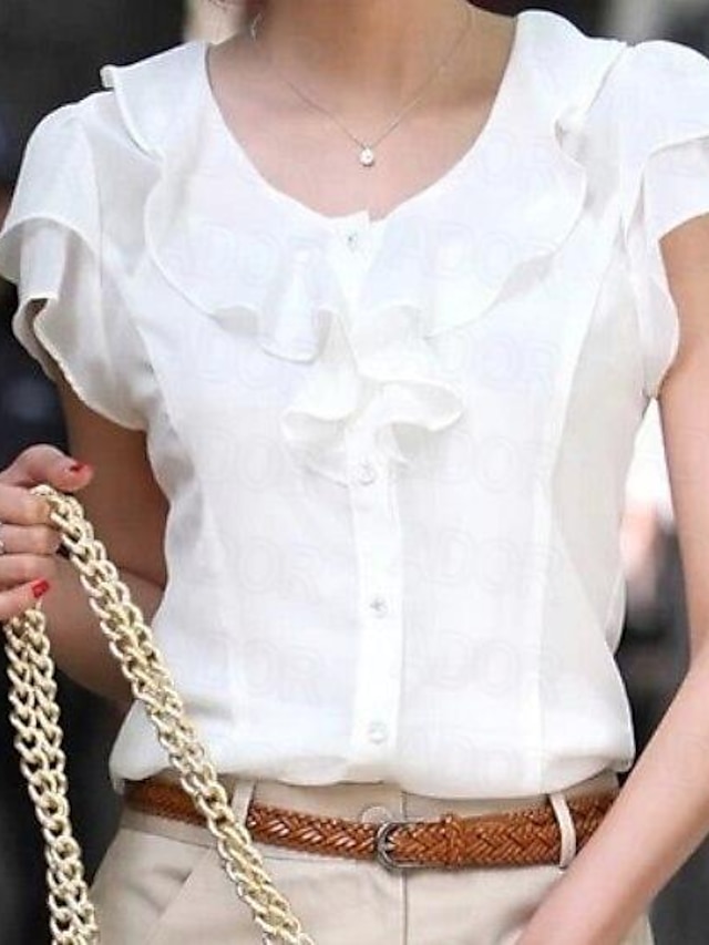  Mujer Camisa Blusa Plano Casual Diario Volante Blanco Sin Mangas Elegante Vintage Moda Escote Redondo