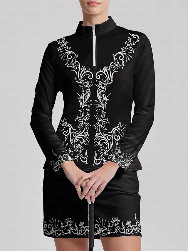  Camisa polo de golf negra de manga larga con protección solar y estampado floral   Ropa de golf para mujeres
