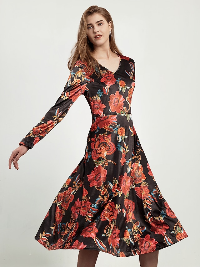  Women's Floral Print V Neck Velvet Midi Dress