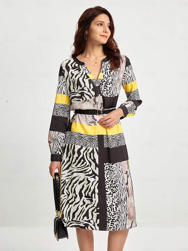  Women's Casual Leopard Print V Neck Midi Dress