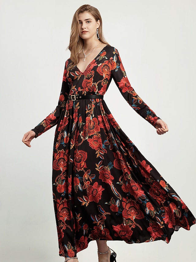  SEO Französisch Damen Kleider  Maxikleid Rote Langarm Blumenmuster Modekleid Hochzeitsgast 2023 S M L XL XXL