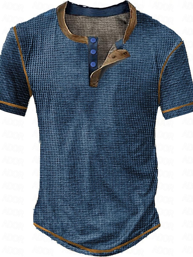  Homens Camisa Waffle Henley Camisetas Xadrez Quadrados Henley Ao ar livre Casual Manga Curta Botão Roupa Poliéster Moda Designer Confortável