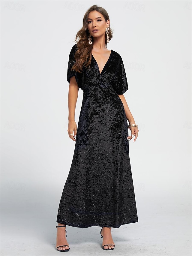  Women's Elegant Black Velvet V Neck Prom Dress