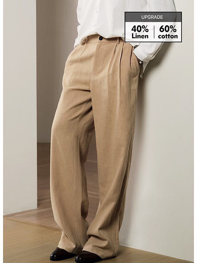  40% Linen Front Pocket Straight Pleated Pants