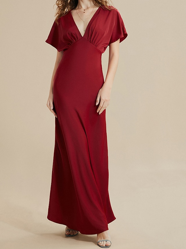  Women's Elegant Long Maxi Dress   Wine  Short Sleeve  V Neck