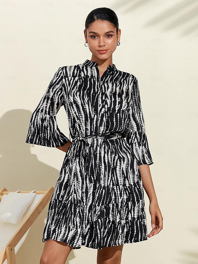  Women's Satin Abstract Print Tie Front Mini Dress