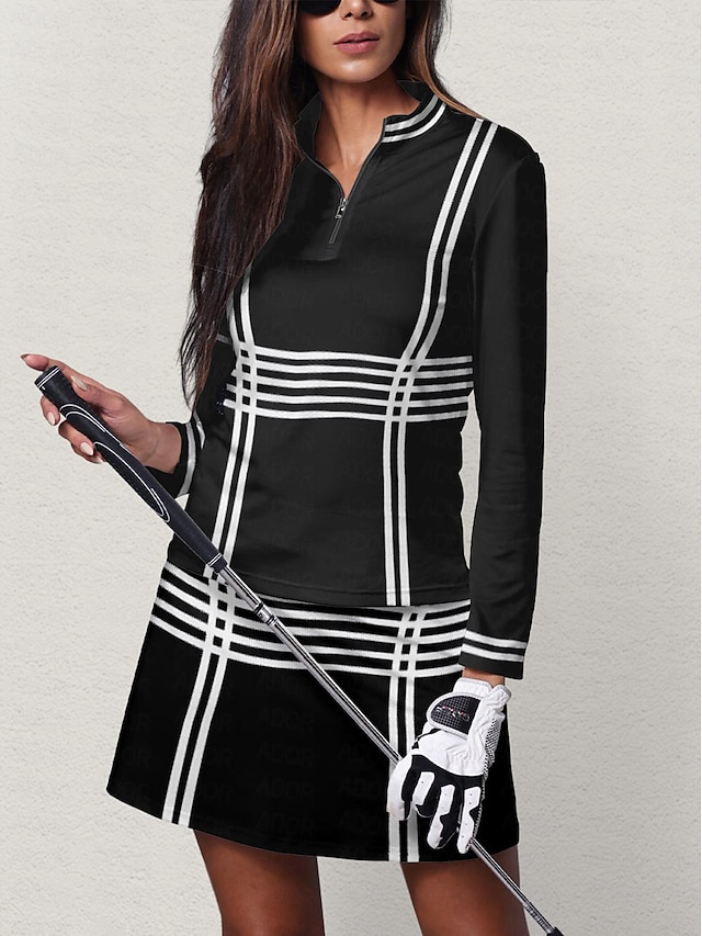  Mujer Camisas de polo Negro Manga Larga Protección Solar Camiseta Rayas Otoño Invierno Ropa de golf para damas Ropa Trajes Ropa Ropa