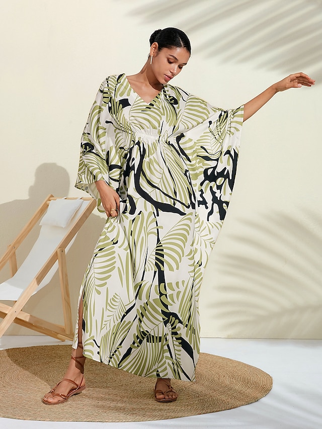  Women's Satin Tropical Plant Beach Maxi Dress