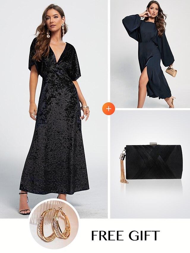  (Free Earrings) Black Velvet Prom Dress &  Silk Evening Clutch Matching Sets