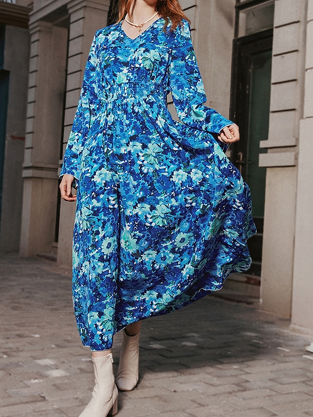  vestido maxi com estampa floral e decote em V