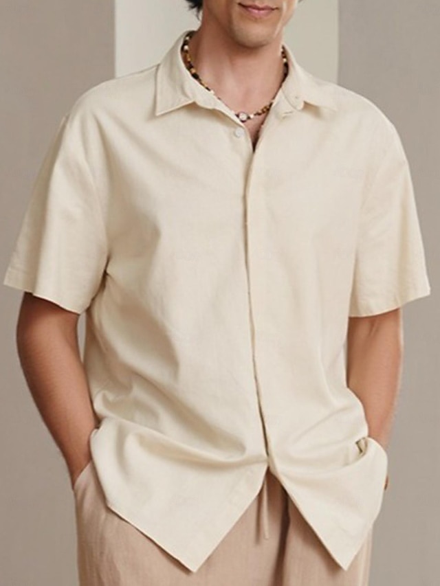  Men's 55% Linen Khaki Short Sleeve Shirt
