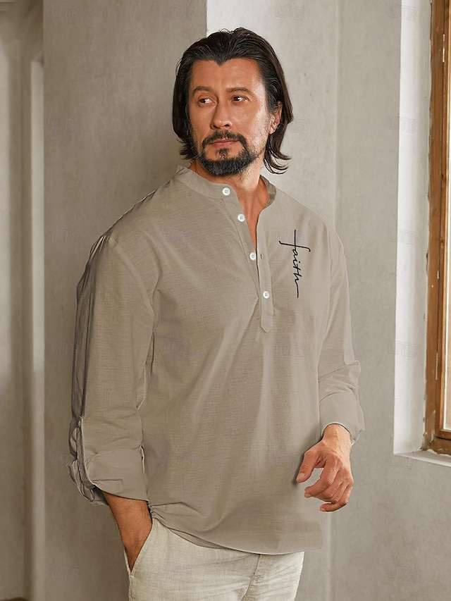  55% Linen Embroidery Khaki Shirt