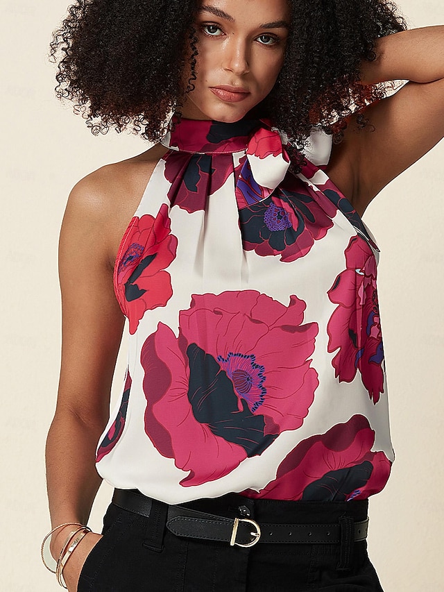  Camicia da donna con stampa floreale e collo alto