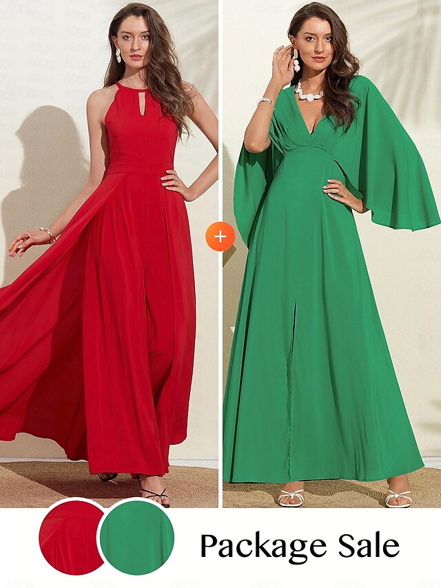  Backless Solid Jumpsuit&Solid Chiffon Dress with Flying Sleeves Matching Sets
