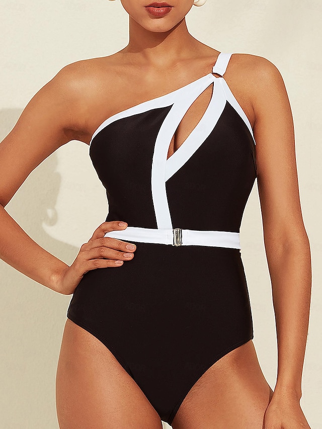  Brand Contrast One Shoulder Swimsuit