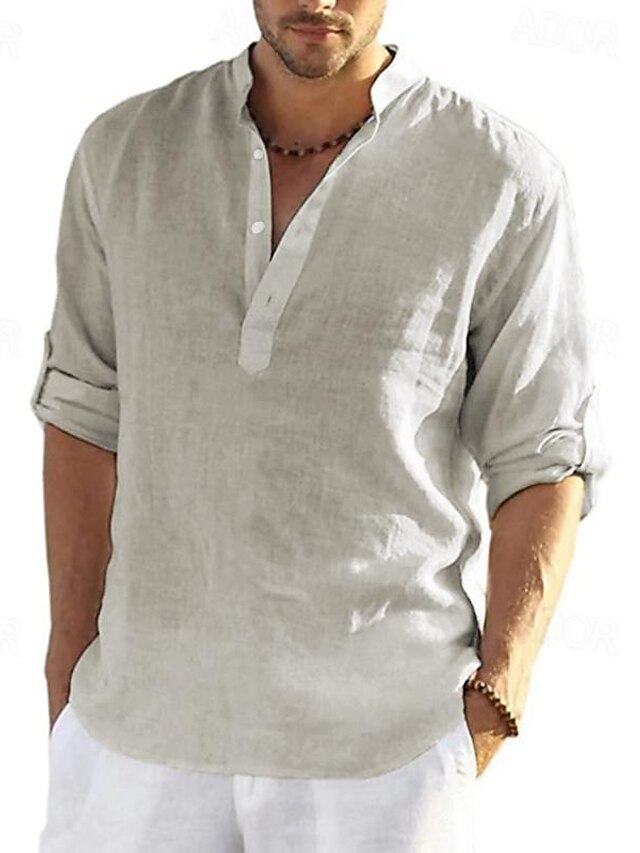  Men's Solid Color Linen Popover Henley Shirt