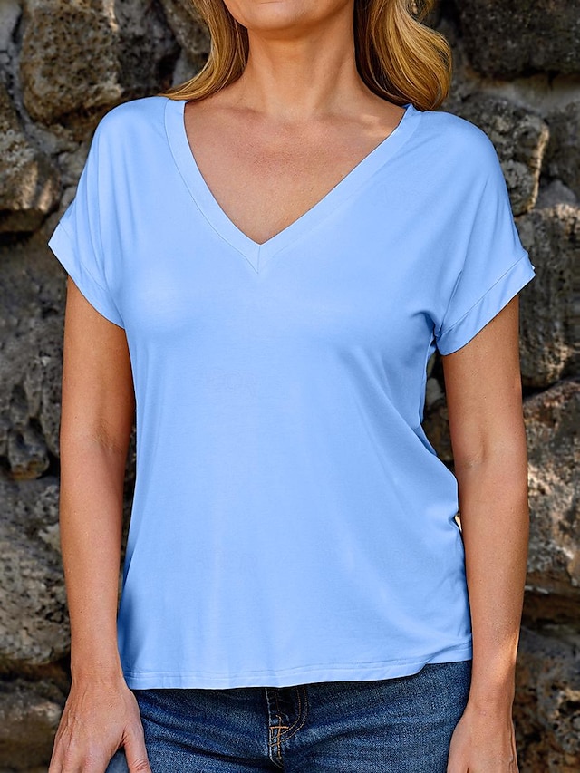 T shirt Tee Blouse Women's White Pink Blue Plain Splice Daily Daily V Neck Regular Fit S