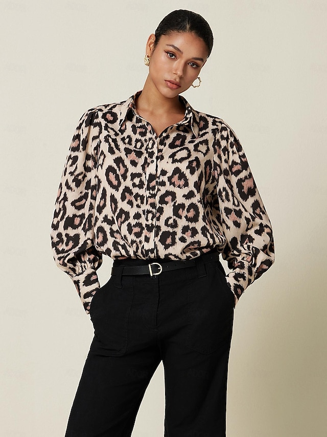  Camicia Casual da Donna Stampa Leopardata Satinata