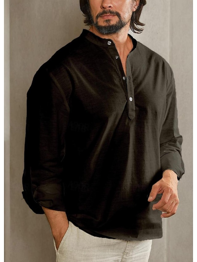  Men's 55% Linen Henley Button Down Shirt