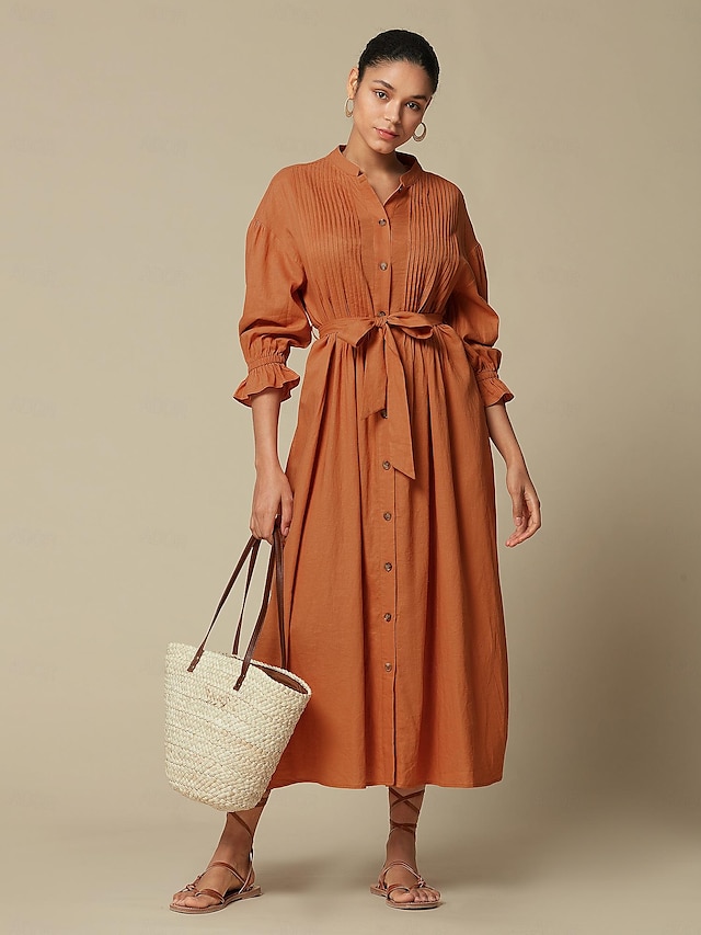  Solid Linen Midi Dress with Standing Collar