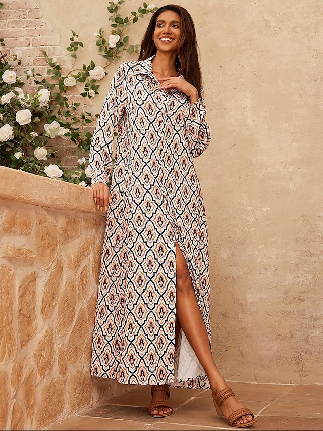  Satin Moroccan Geometric Maxi Dress