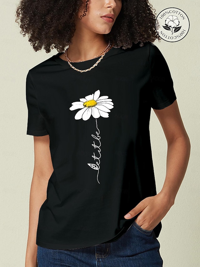  Camiseta Casual Diaria de Algodón con Margaritas para Mujer