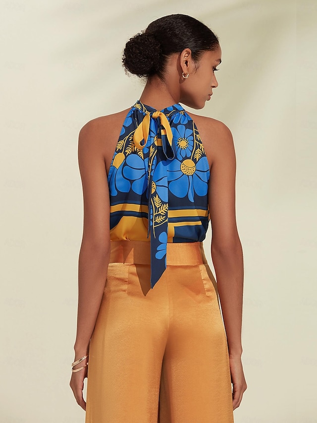  Kvinnenes Casual Blomster Geometrisk Bluse med Bånd i Nakken