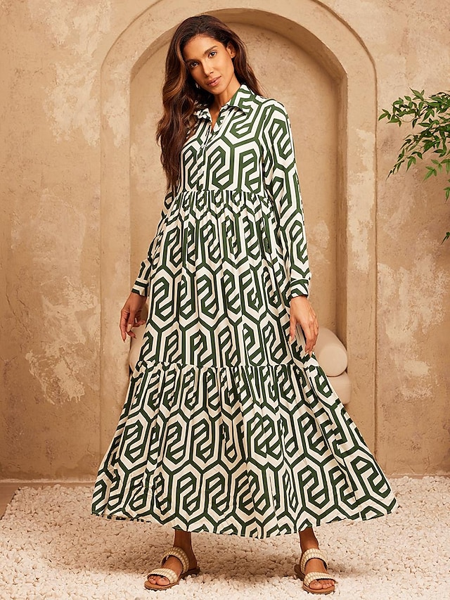  Kvinders Resort Maxi Kjole med Geometrisk Print