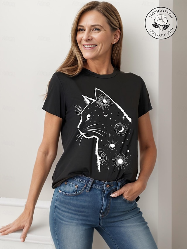  Damen Baumwoll T Shirt mit Katzenaufdruck und Rundhals