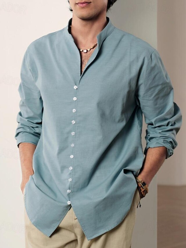  Men's Linen Shirt Blue Green Long Sleeve Stand Collar