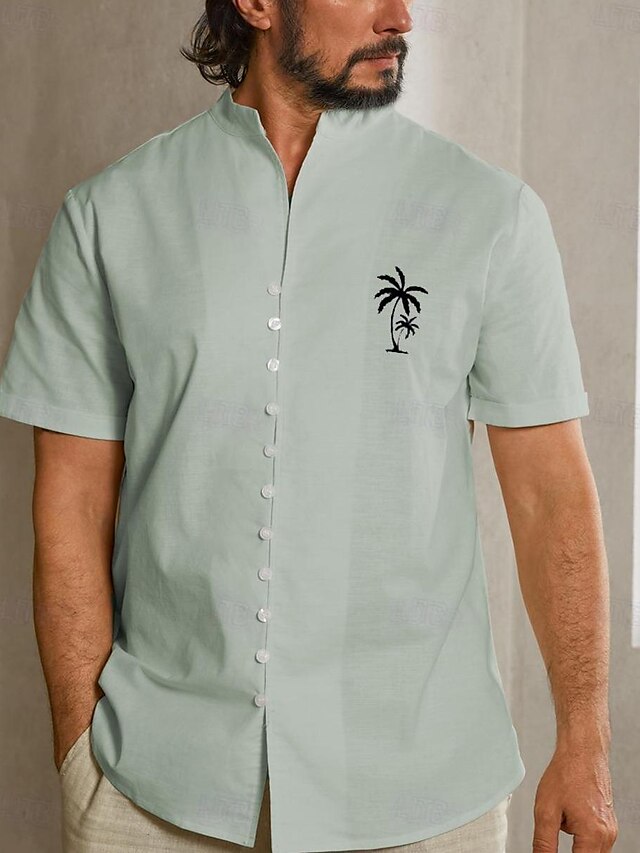  Men's 55% Linen Coconut Print Stand Collar Shirt
