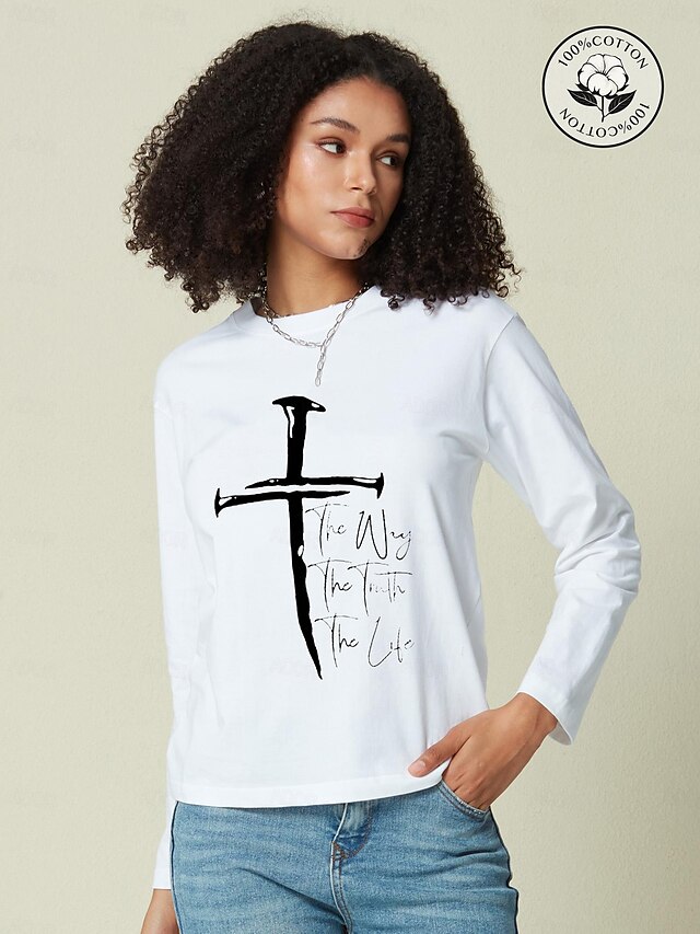  Camiseta Casual de Algodón para Mujer con Estampado de Cruz