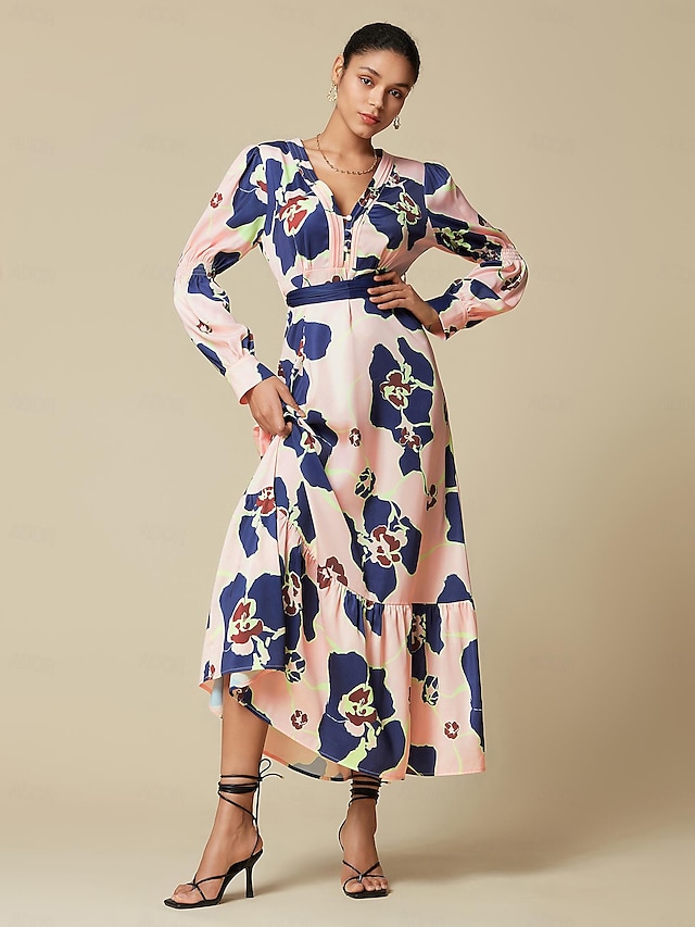  Luxe Satin Floral Print V Neck Tie Back Maxi Wedding Guest Dress