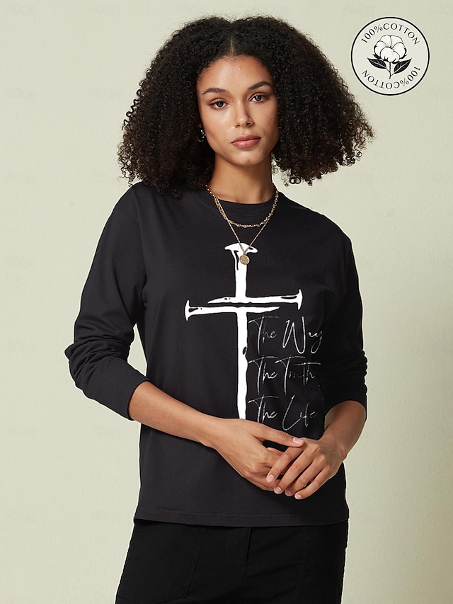  Camiseta Casual de Algodón para Mujer con Estampado de Cruz