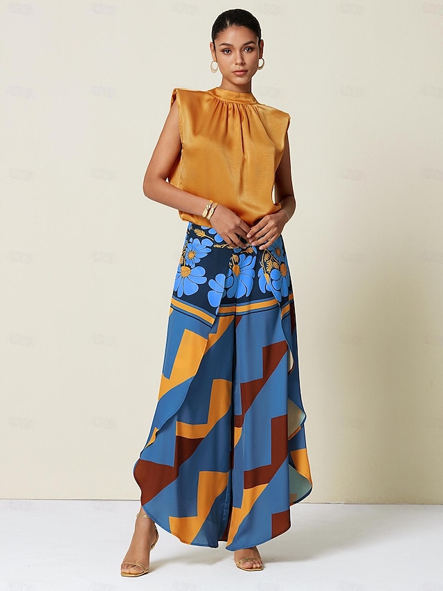  Solid Color Top & Printed Pants Two-piece Set
