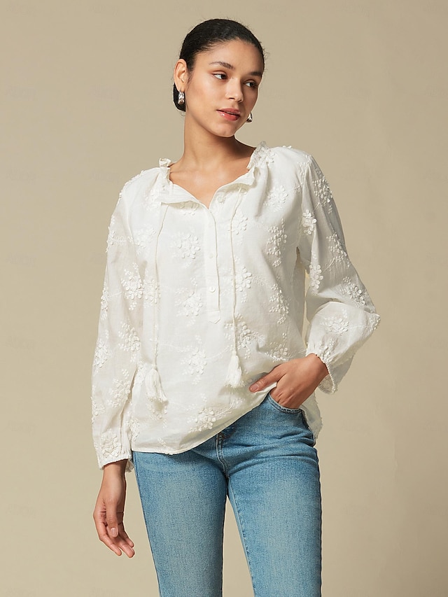  Cotton Embroidered Tassel Puff Sleeve Blouse