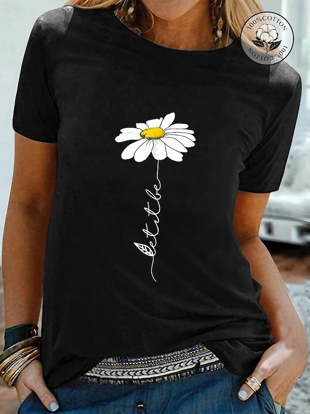  Dame T-shirt Grafisk Daisy 100 % bomuld Sort Hvid Gul Kortærmet Trykt mønster Basale Daglig I-byen-tøj Rund hals Regulær