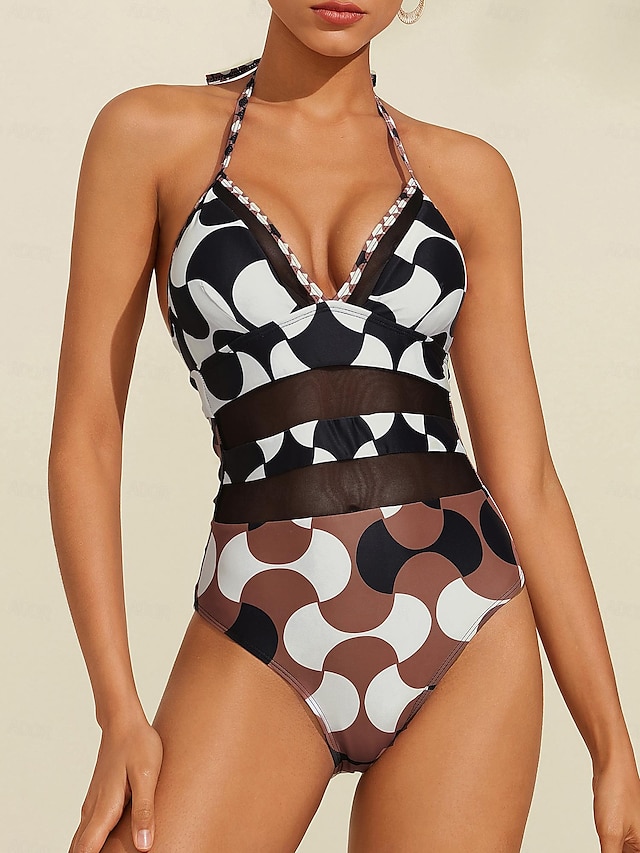  3 4 Cup Mesh Removable Pad Geometric One Piece Swimsuit