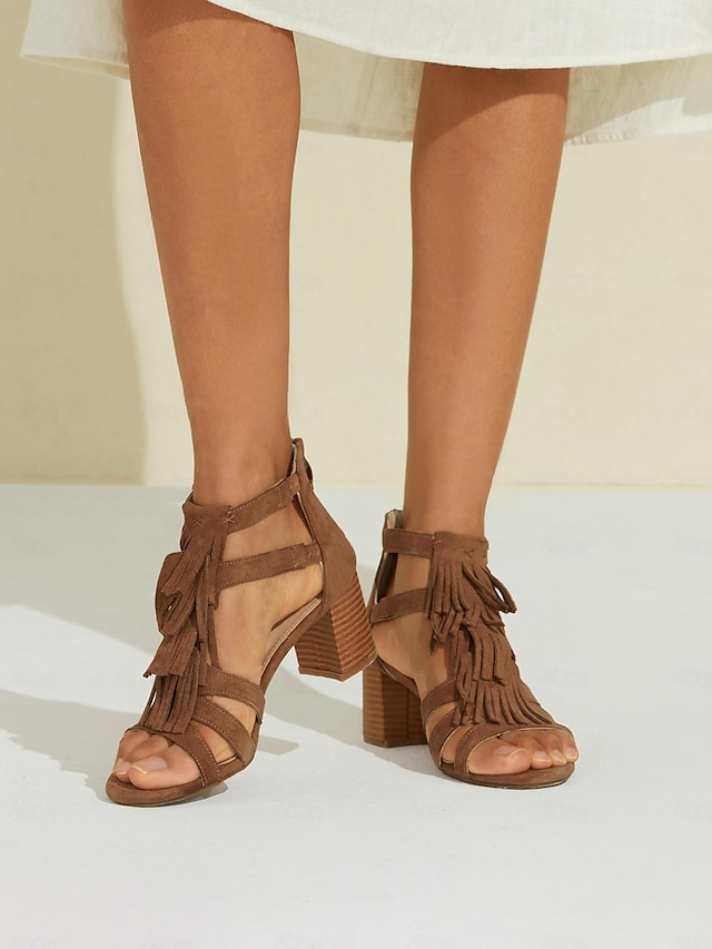  Elegant Tassel Block Heel Gladiator Sandals