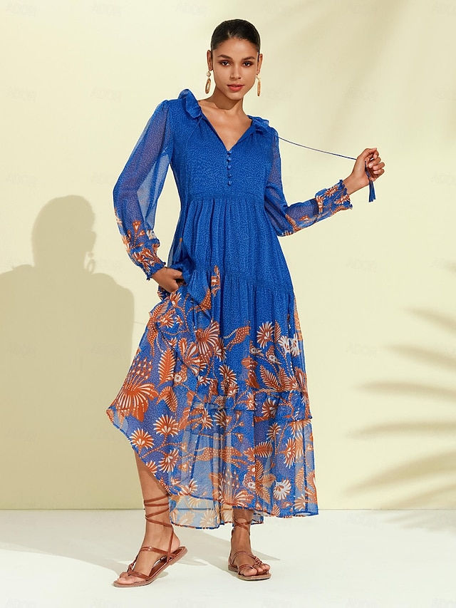  Floral Button Front Chiffon Printed Maxi Dress