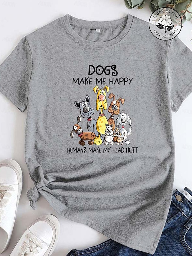  Dame T-shirt Hund Daglig Kortærmet U-hals Basale Bomuld Normal S